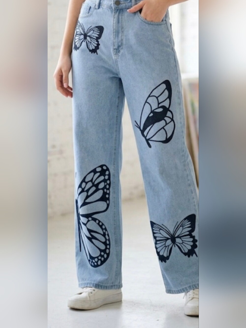 Light Blue Straight-Leg Denim Jeans with Black Butterfly Prints